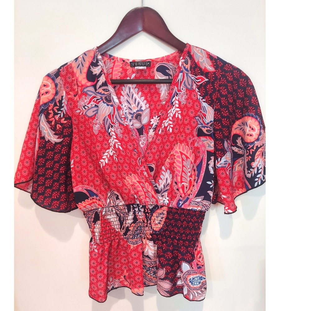 Venus Boho Red Navy Paisley Festive  Smocked Peplum Top Short Flutter Sleeve S